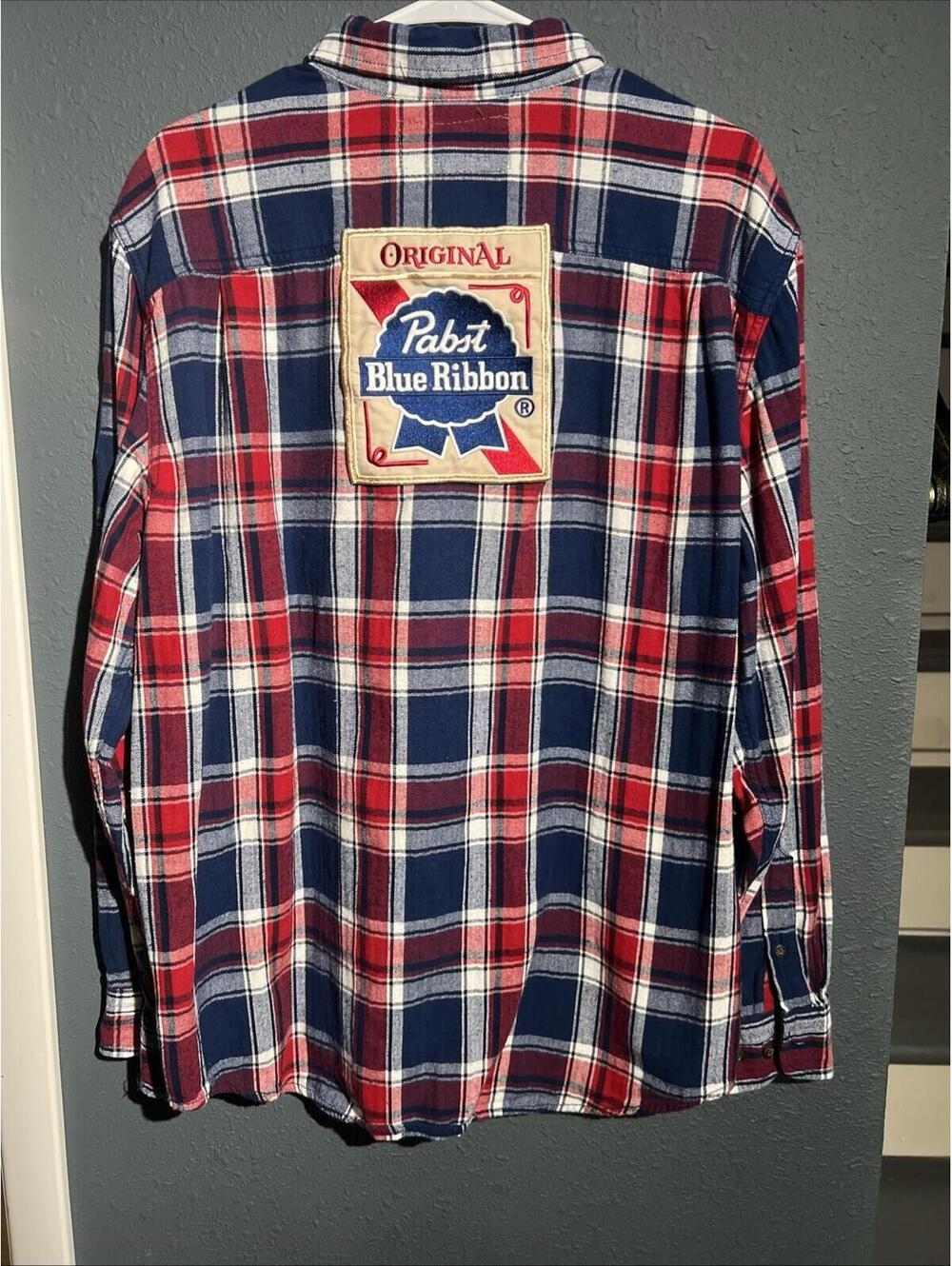 Pabst Blue Ribbon Flannel Shirt - Mens Large - Angry Minnow - Gold Embroidery
